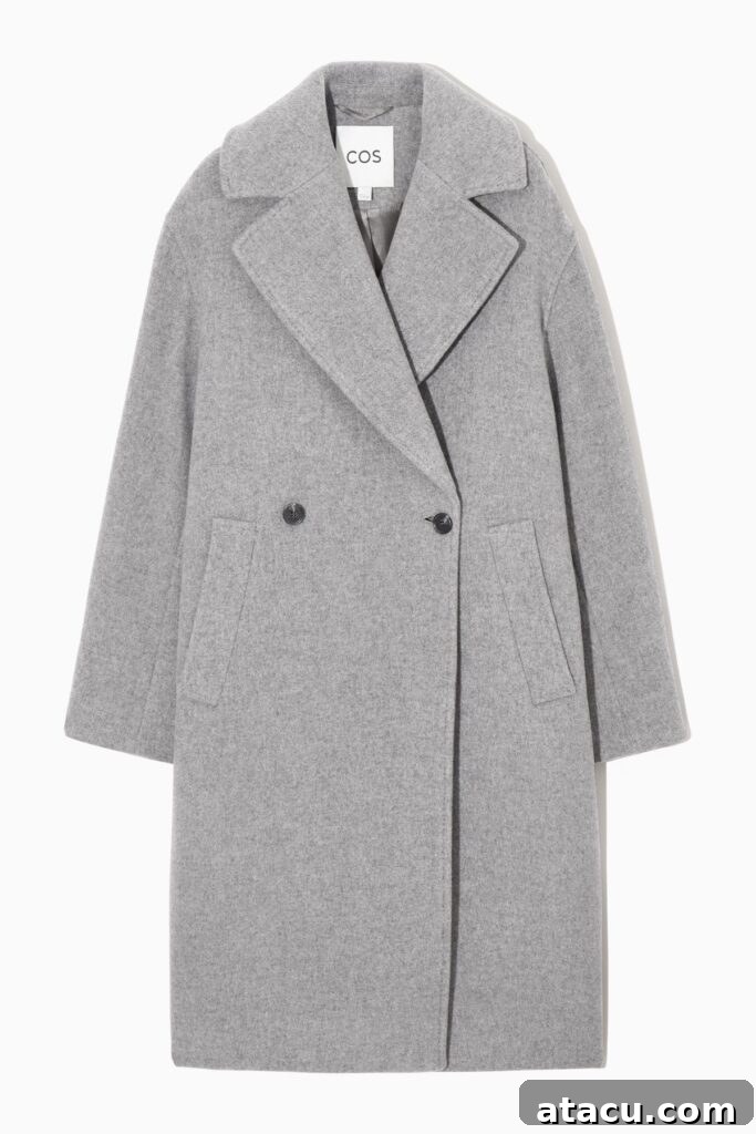 Grey double breasted wool cocoon coat.