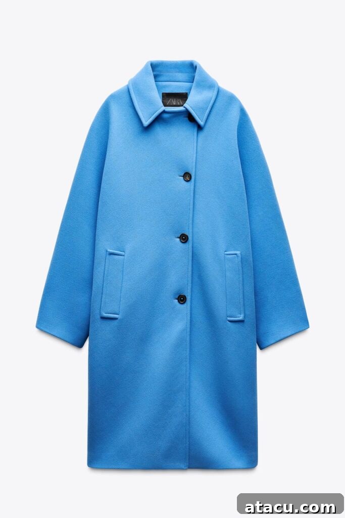 Blue oversized wool blend cocoon coat.