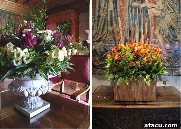 A closer view of a sophisticated floral arrangement with various blooms and greenery, highlighting the florists' skill.