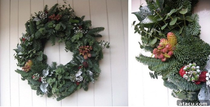 Festive Scented Door Wreath 2 Close-up of a minimalist holiday decoration featuring blue spruce, eucalyptus, and red berries, focusing on natural fragrance and simple elegance.