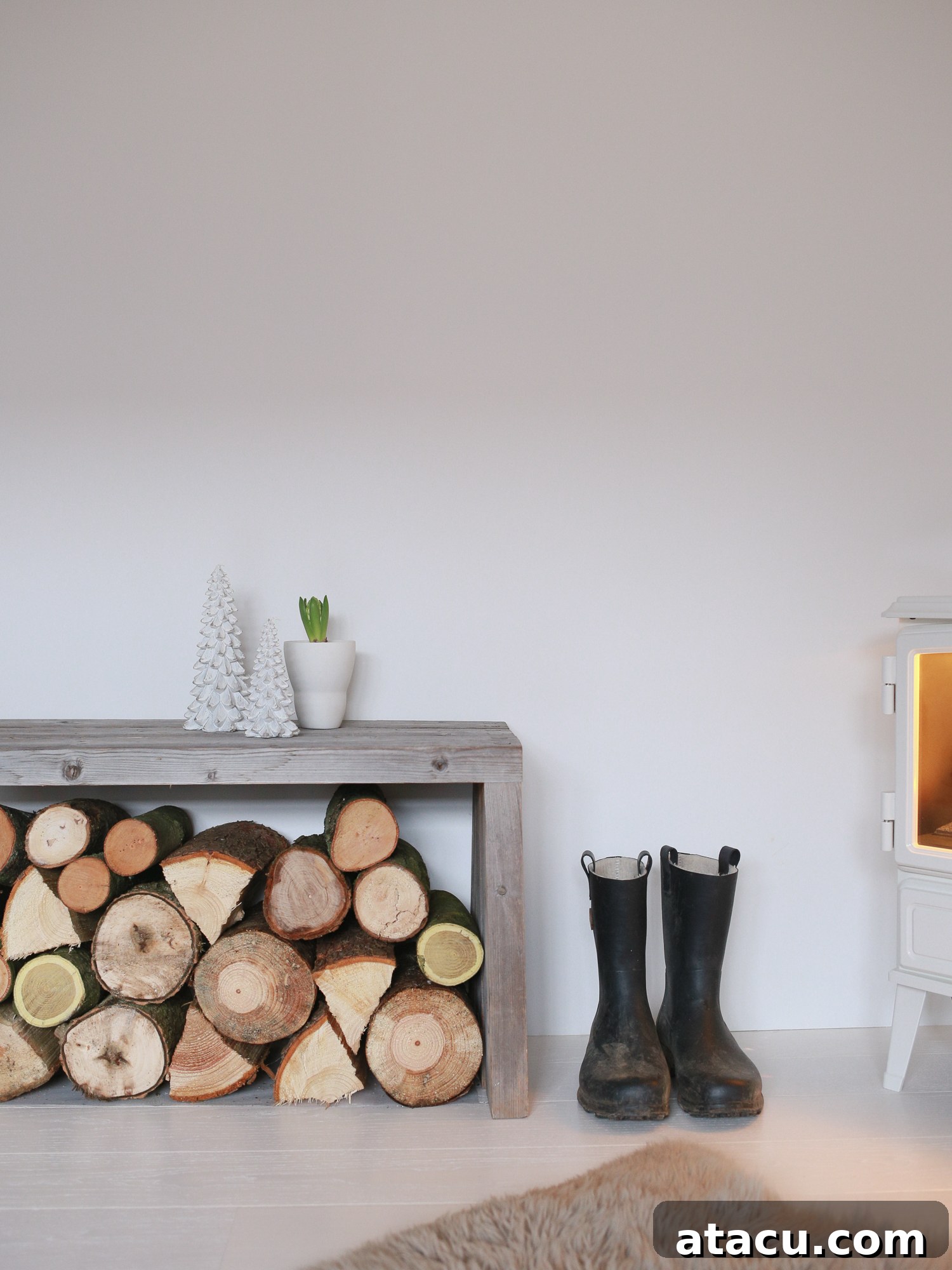 Detailed close-up of realistic glowing logs and ember bed in an electric stove