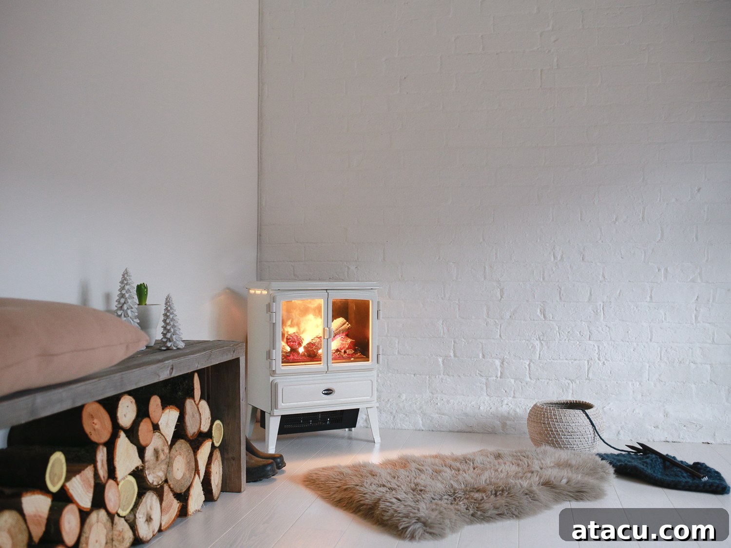 A realistic modern electric stove fire elegantly placed in a bright white room, offering contemporary warmth