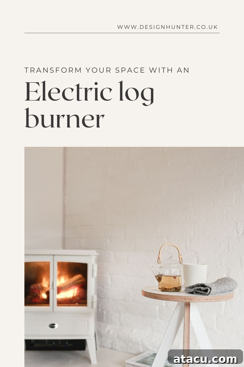 Pinterest pin image: Transform your space with an electric log burner, featuring a modern stove in a stylish room