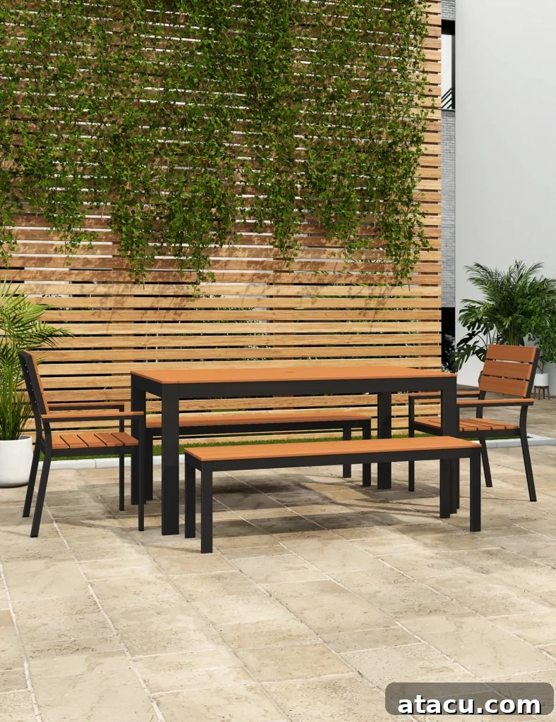 Upgrade Your Outdoors: 10 Best Dining Sets for 2024 7 A spacious bench-style outdoor dining set, offering ample seating for guests and versatile outdoor living.