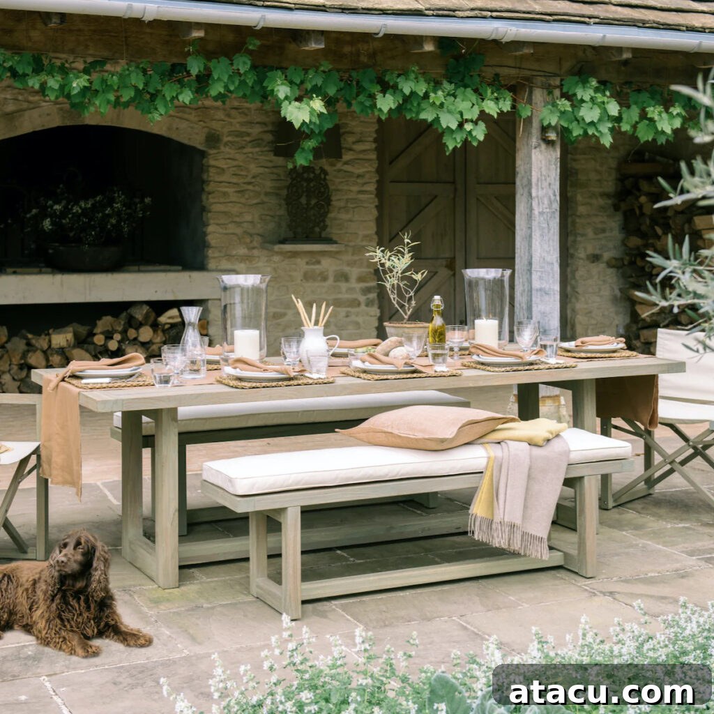 Upgrade Your Outdoors: 10 Best Dining Sets for 2024 10 An inviting outdoor table set, complete with classic wooden benches, offering a rustic yet refined dining experience.
