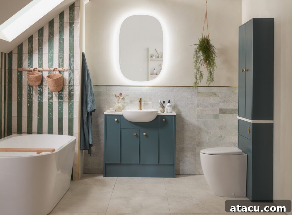 Stylish bathroom featuring a green vanity unit with white countertop basin, matching tall storage cabinet, and gold accents. The space includes green and white striped tiles, a freestanding bathtub, and a hanging plant for a fresh, modern look.