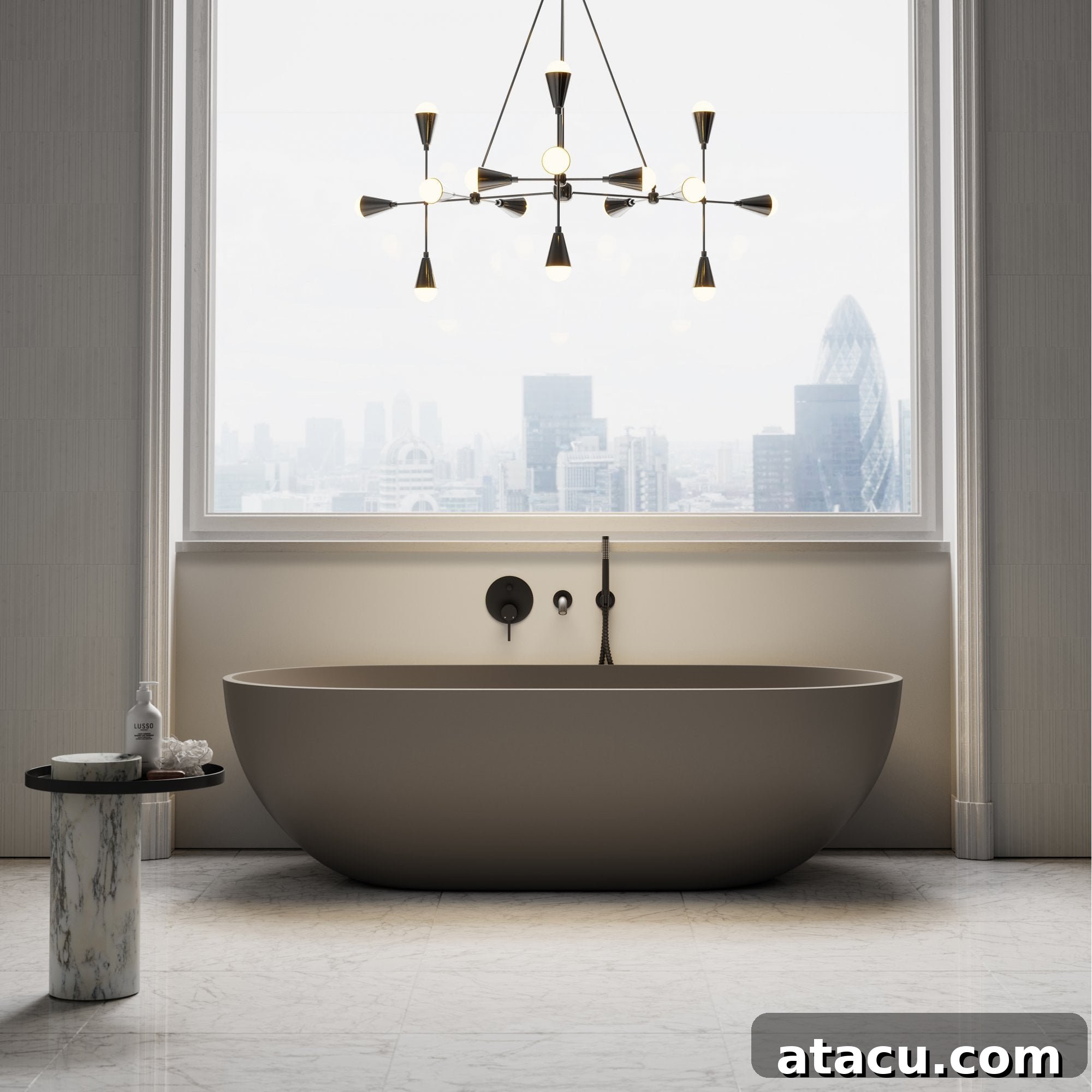 A greige stone resin freestanding bathtub