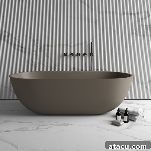 A greige freestanding bathtub