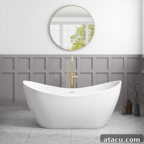 An elegant slipper shaped contemporary freestanding bathtub against a wood panelled background.